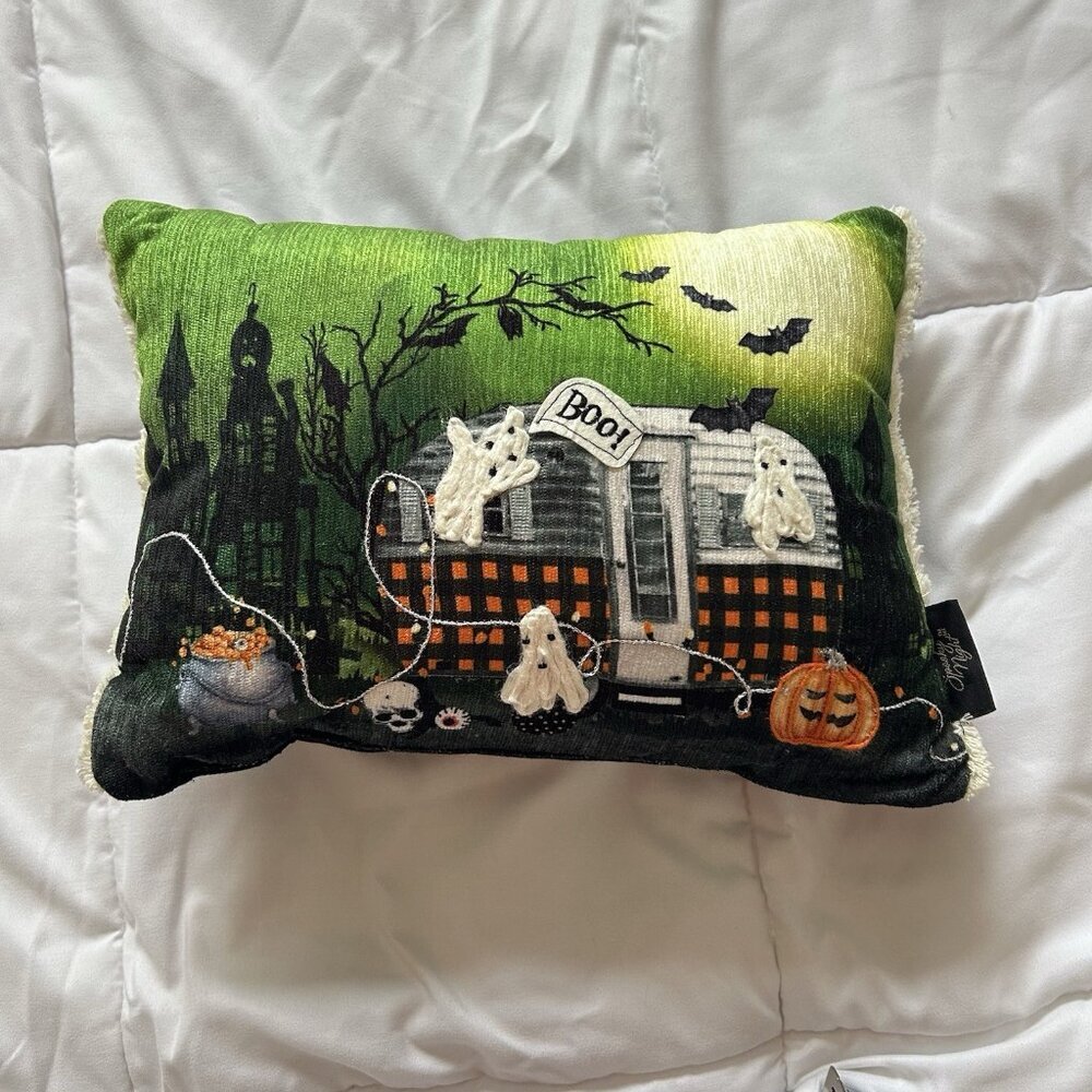Spooky Night Halloween Haunted Ghost Camping Embroidered Throw Pillow 12 X 8